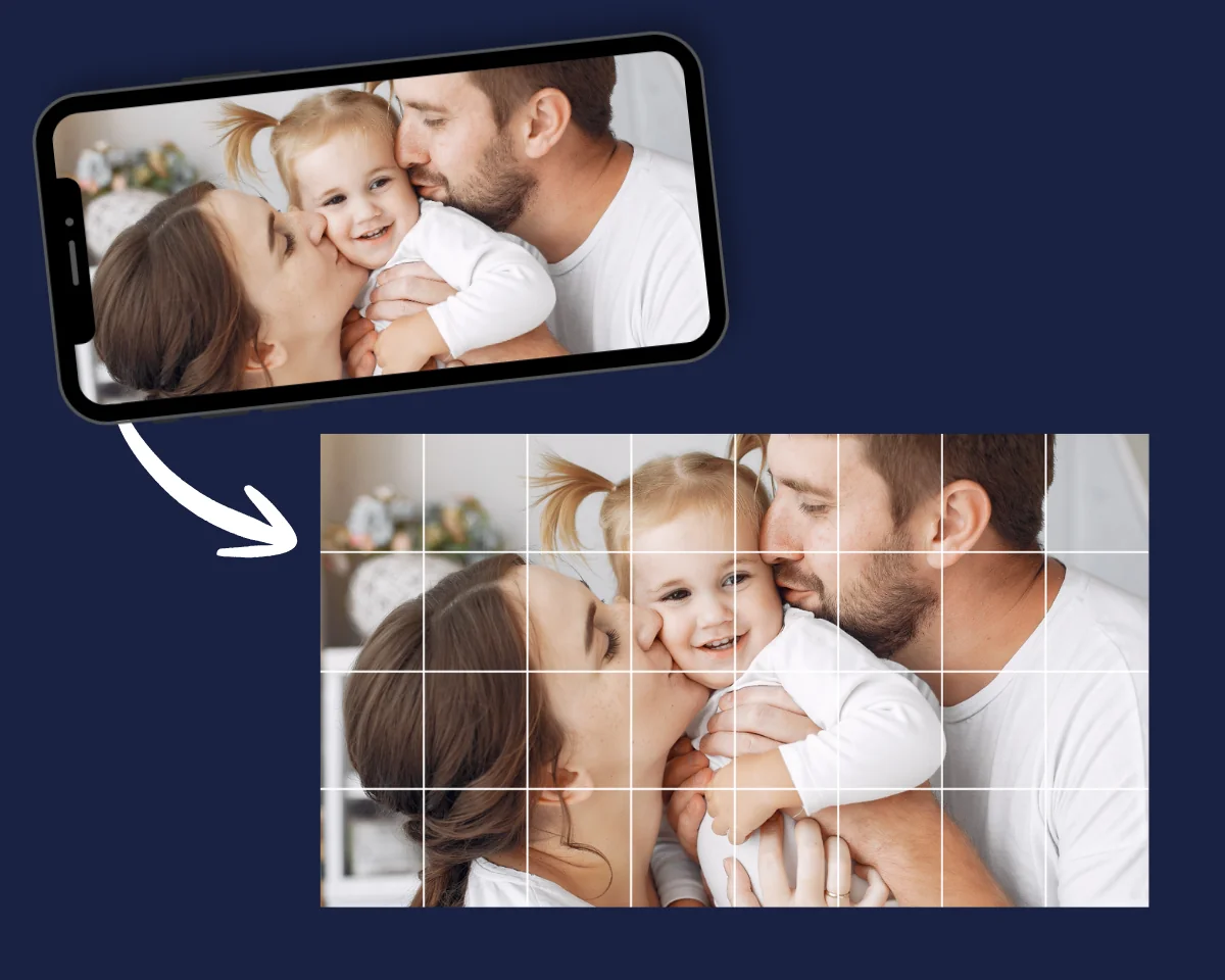 A family photo on a phone and the same photo printed on a grid of tiles