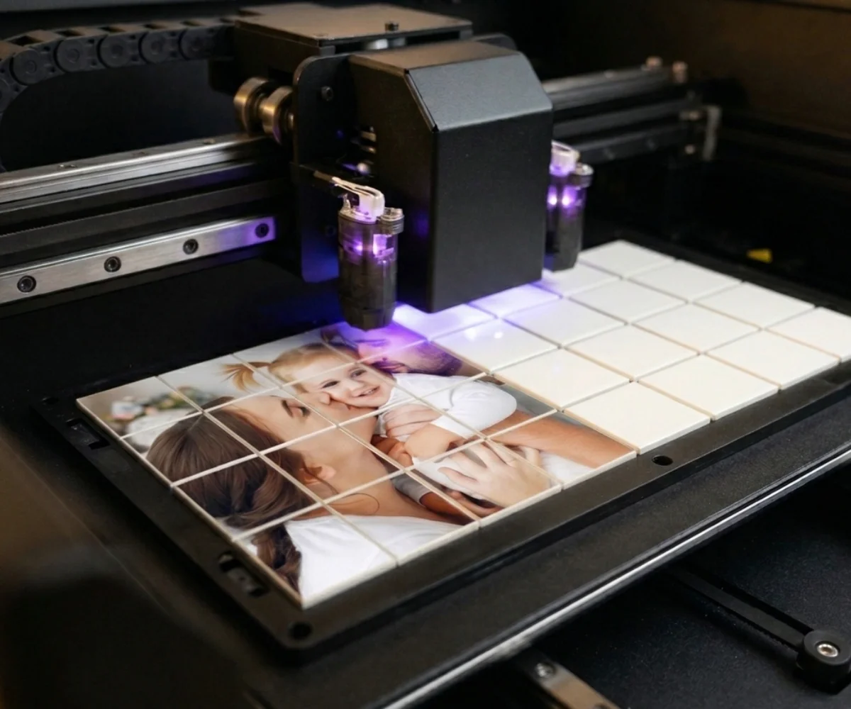 Our UV printer printing a photo on a grid of tiles